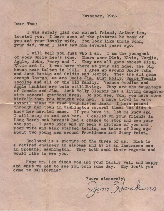 Jim Hankins's Letter to his Cousin Tom Hankins
